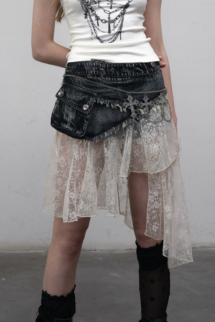 Denim Lace Panel Skirt