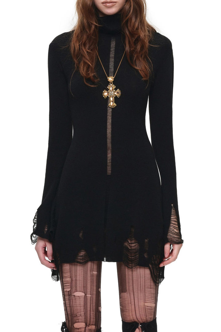 Distressed Turtleneck Knit Dress