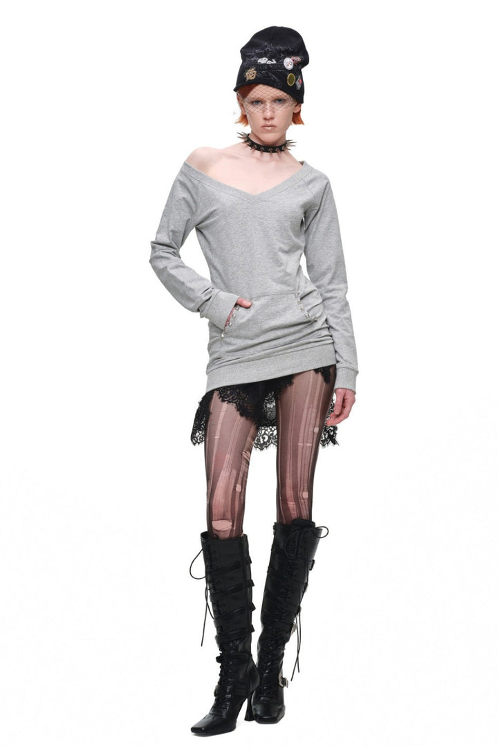 Off-Shoulder Studded V-Neck Sweatshirt