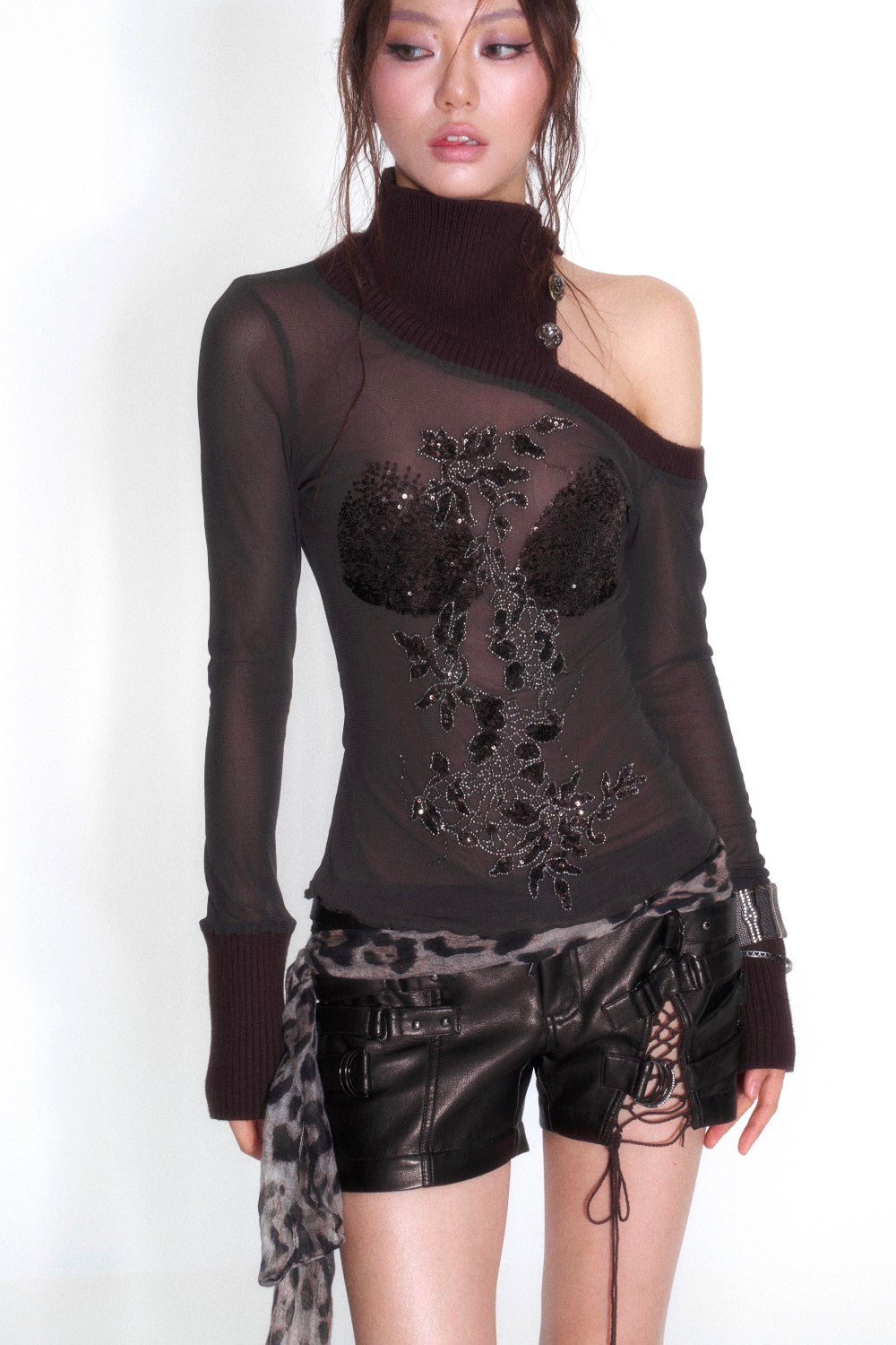 Dark Bloom Turtleneck Mesh Top