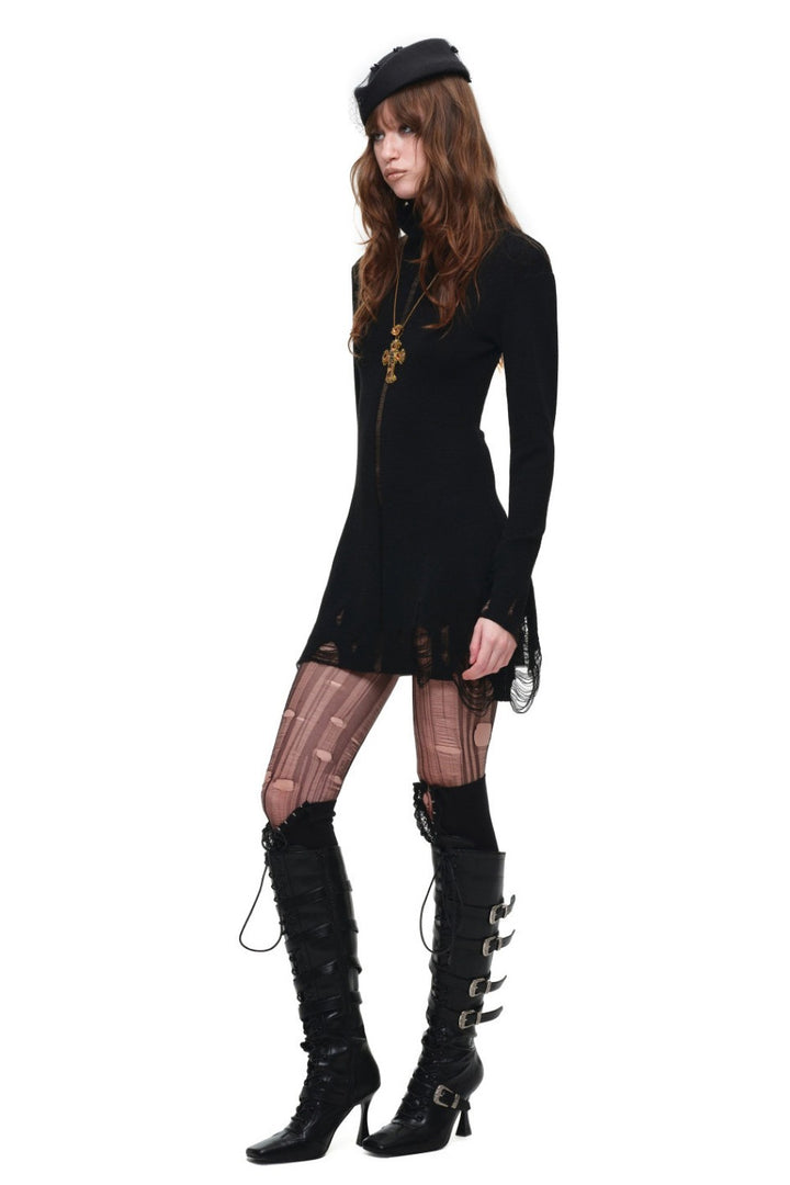 Distressed Turtleneck Knit Dress