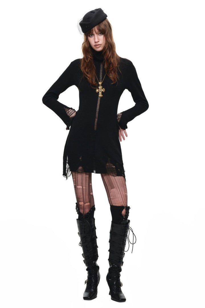 Distressed Turtleneck Knit Dress