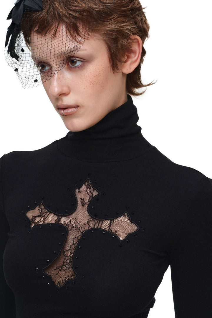 Lace Cross Turtleneck Top