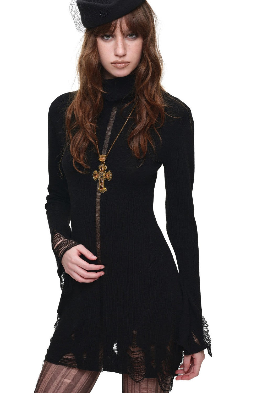 Distressed Turtleneck Knit Dress