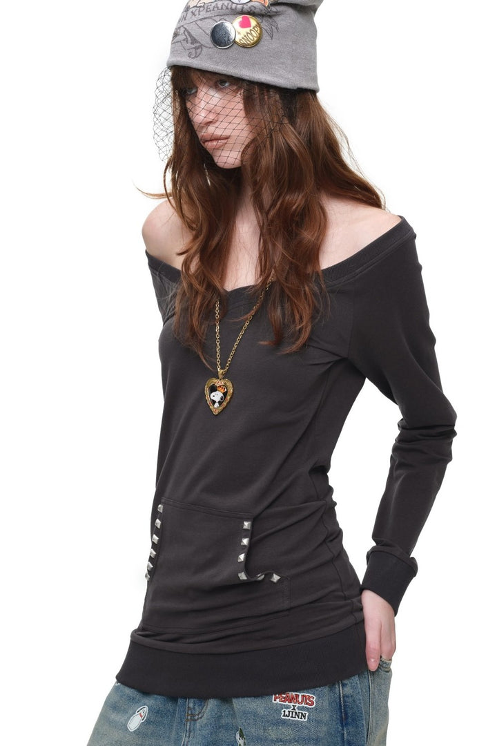 Off-Shoulder Studded V-Neck Sweatshirt