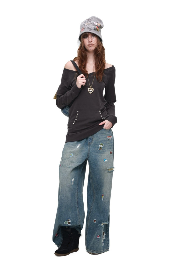 Off-Shoulder Studded V-Neck Sweatshirt