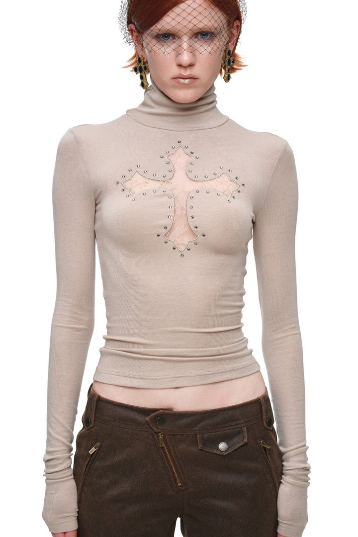 Lace Cross Turtleneck Top
