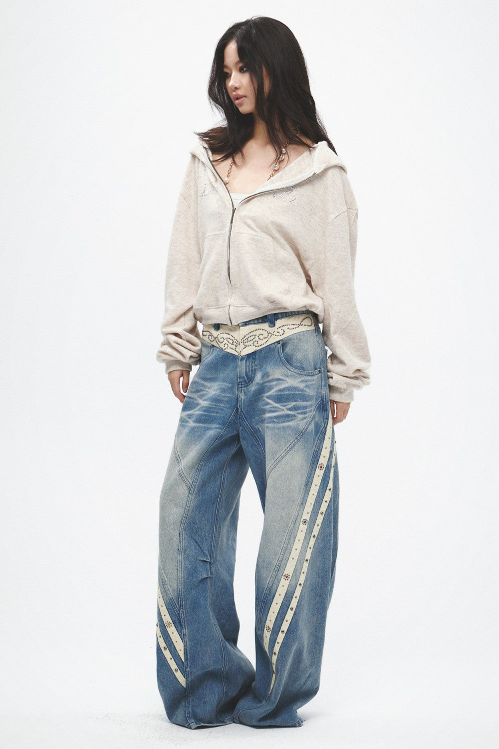 Embellished Panel Wide-Leg Jeans