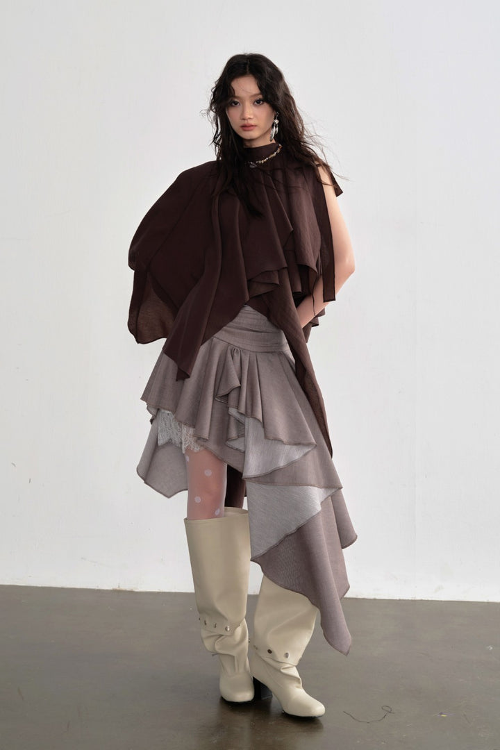 Taupe Asymmetric Cascade Skirt