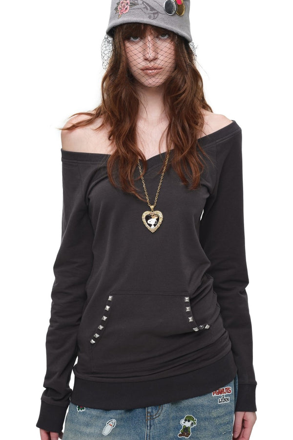 Off-Shoulder Studded V-Neck Sweatshirt
