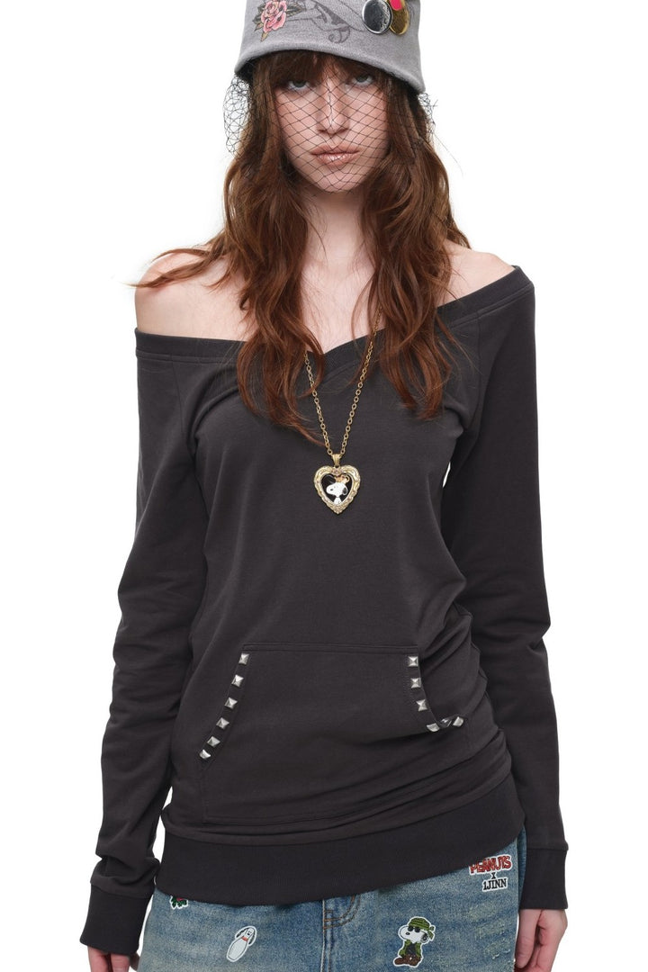 Off-Shoulder Studded V-Neck Sweatshirt