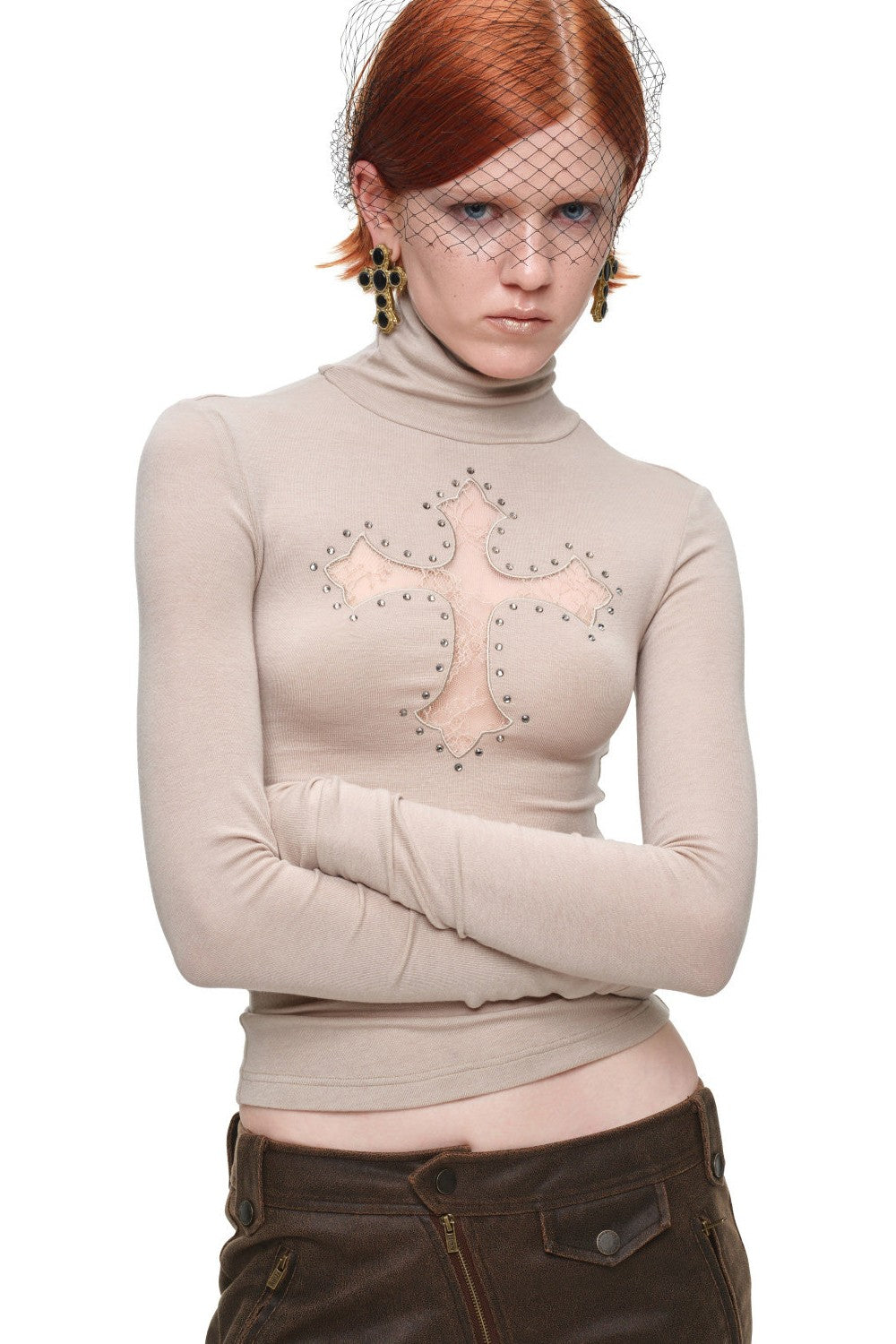 Lace Cross Turtleneck Top