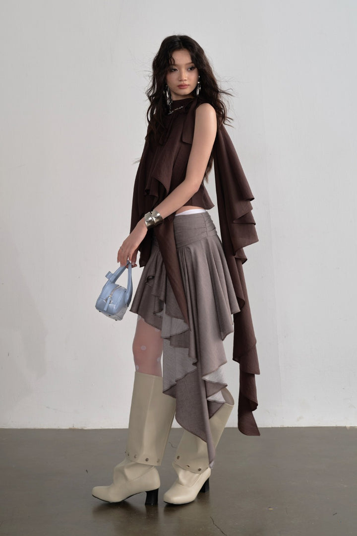 Taupe Asymmetric Cascade Skirt
