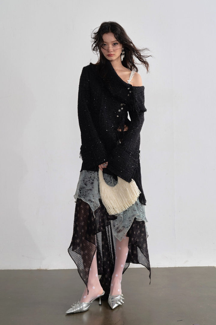 Asymmetric Fringed Tweed Cardigan