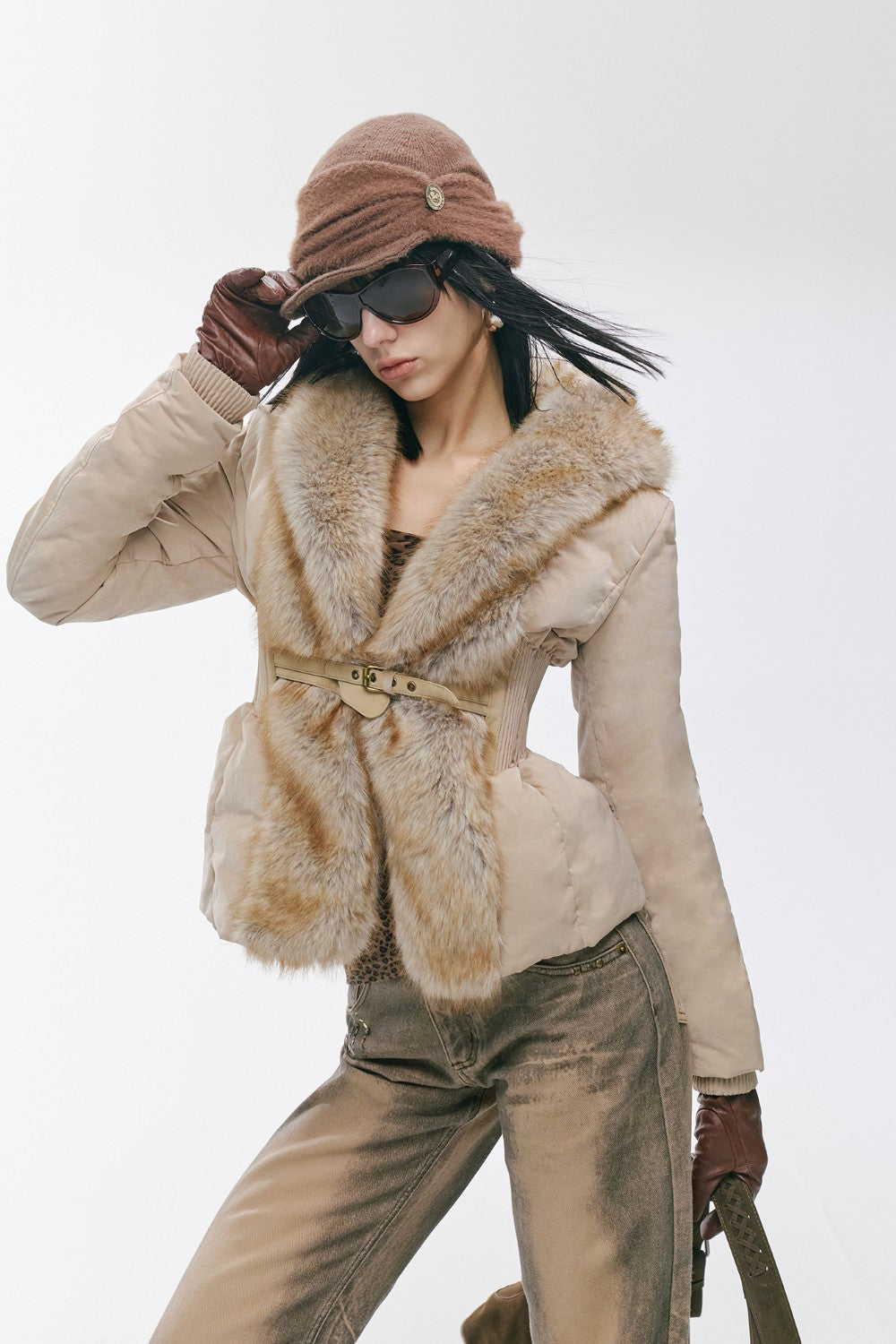 Vintage Khaki Fur-Cinch Coat