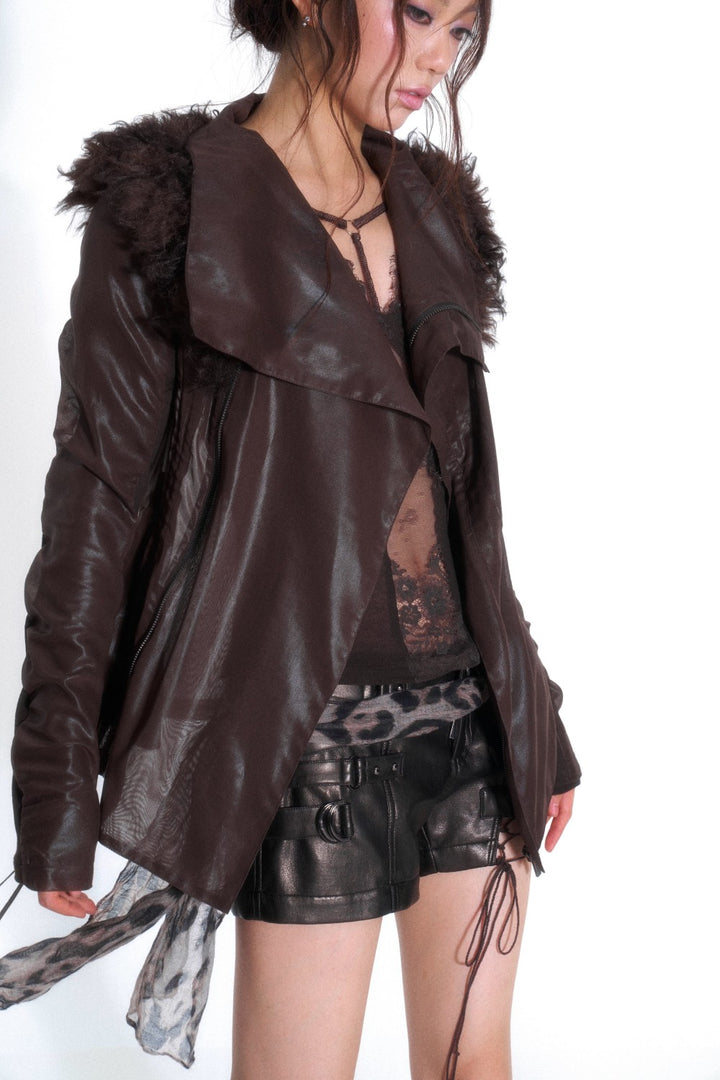 Draped Leather Collar Jacket