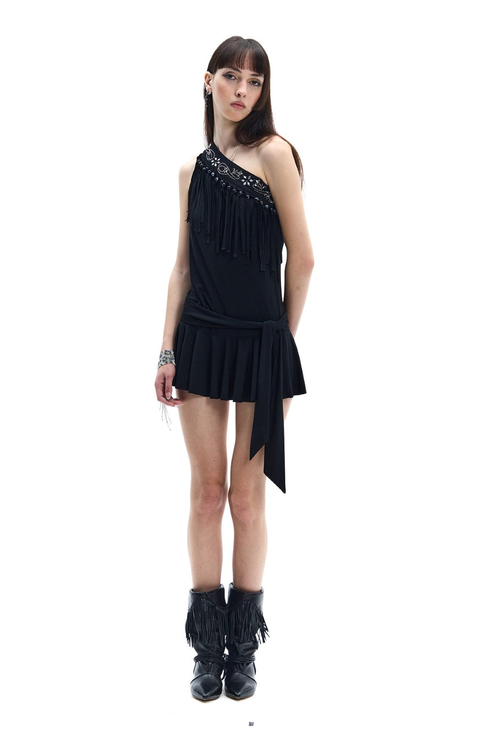 One-Shoulder Fringe Mini Dress Beige / M