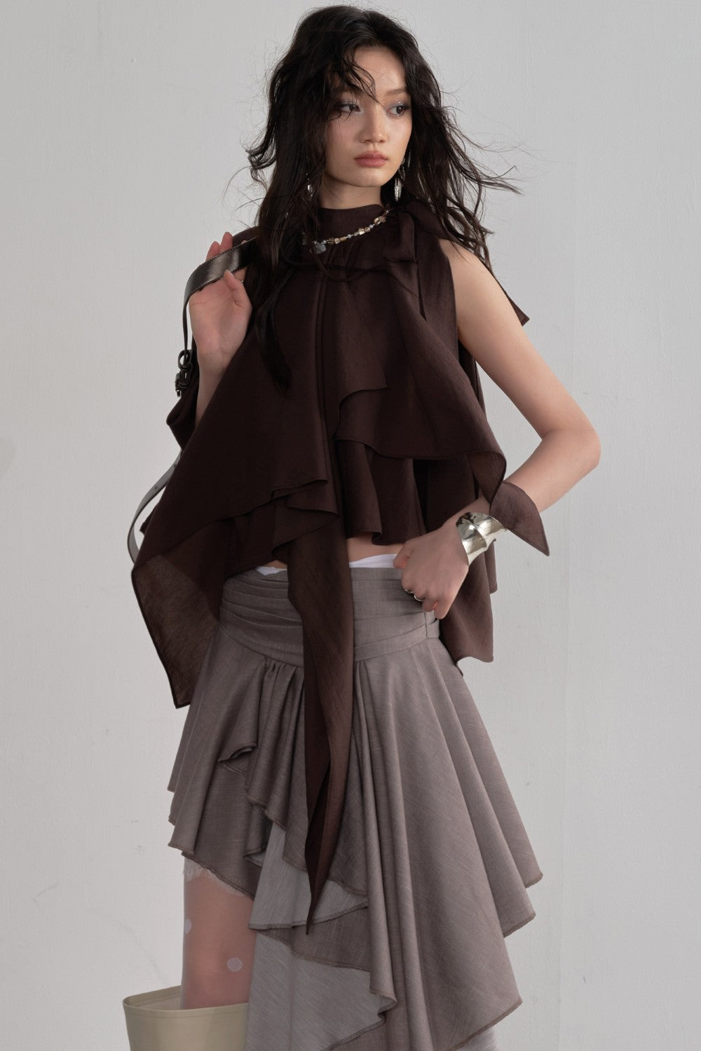 Taupe Asymmetric Cascade Skirt