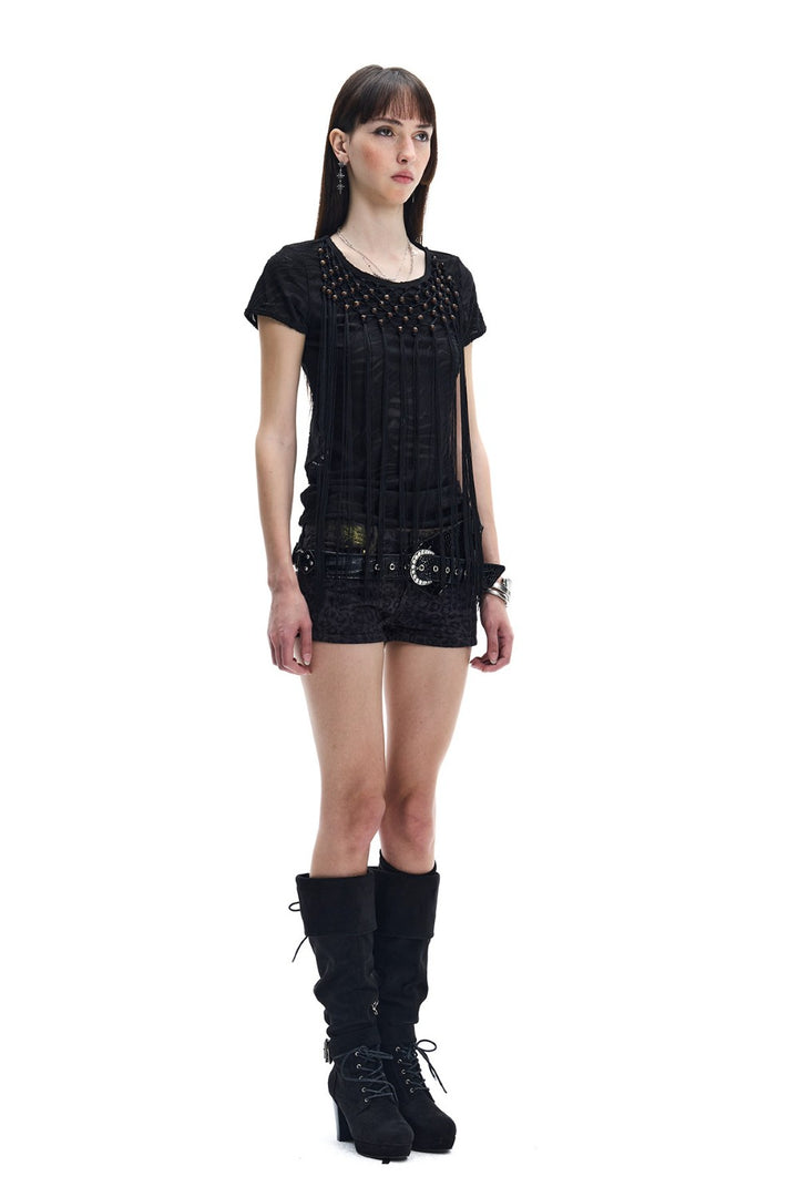Beaded Fringe Open-Back Shirt