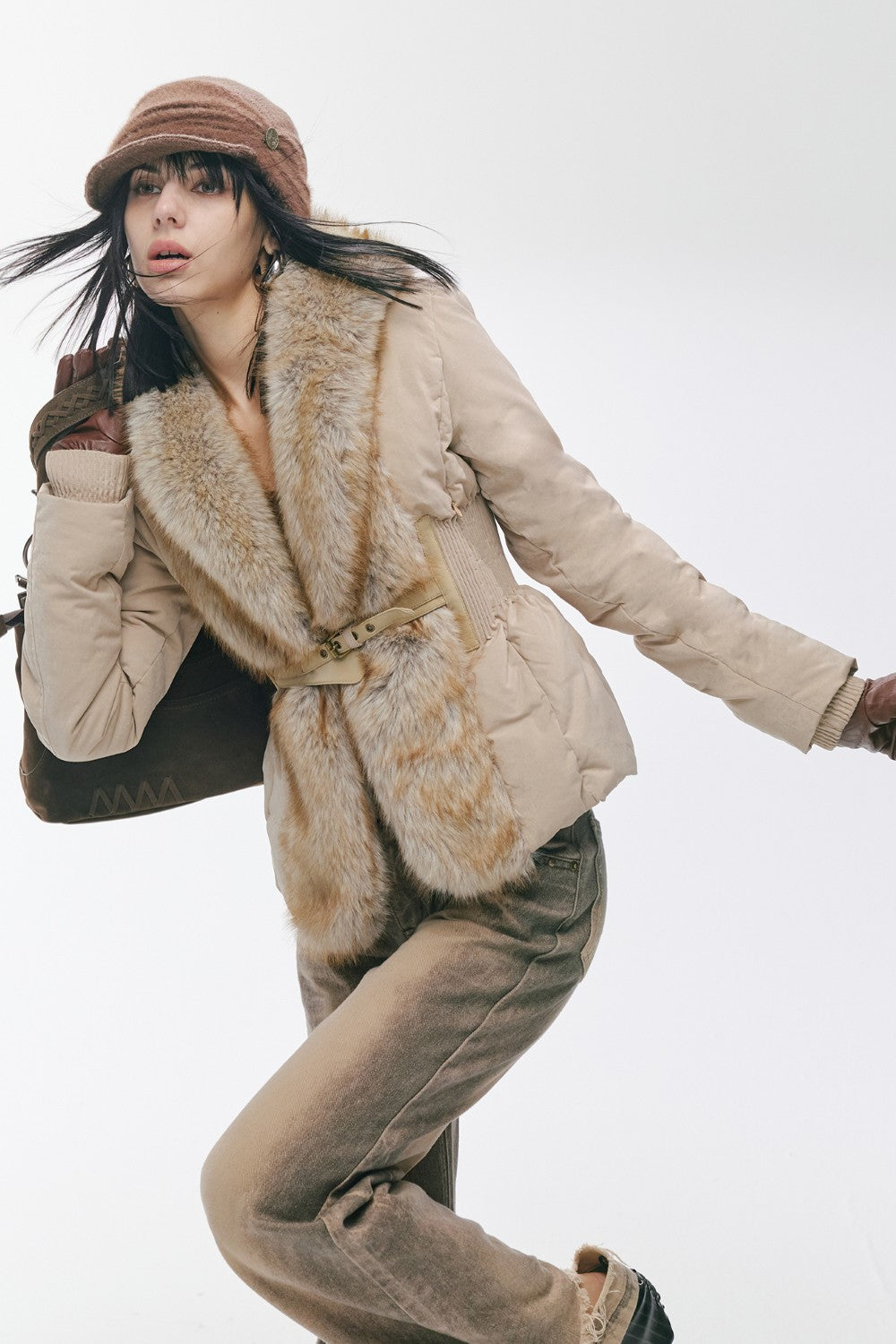 Vintage Khaki Fur-Cinch Coat