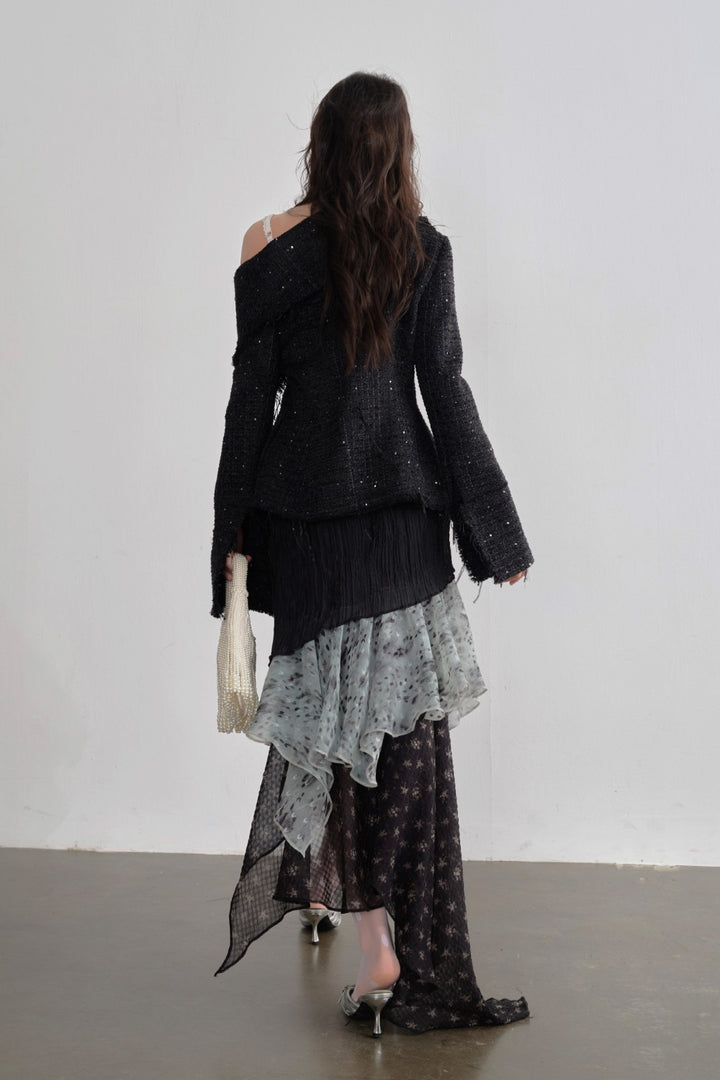 Asymmetric Fringed Tweed Cardigan