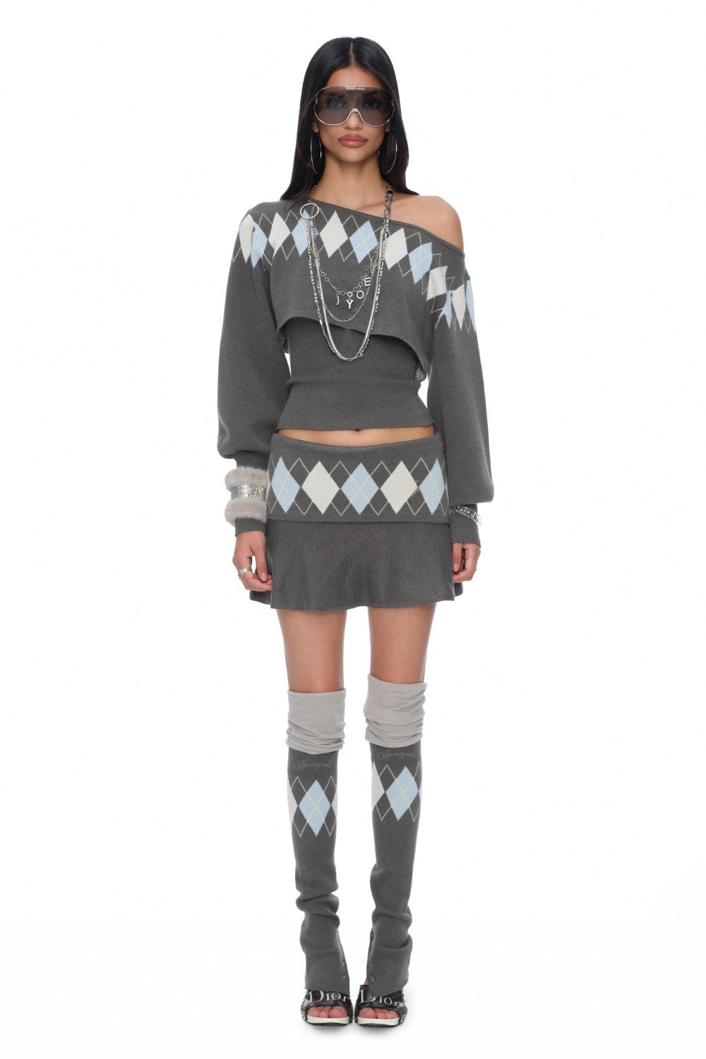 Amelie Off-Shoulder Argyle Sweater