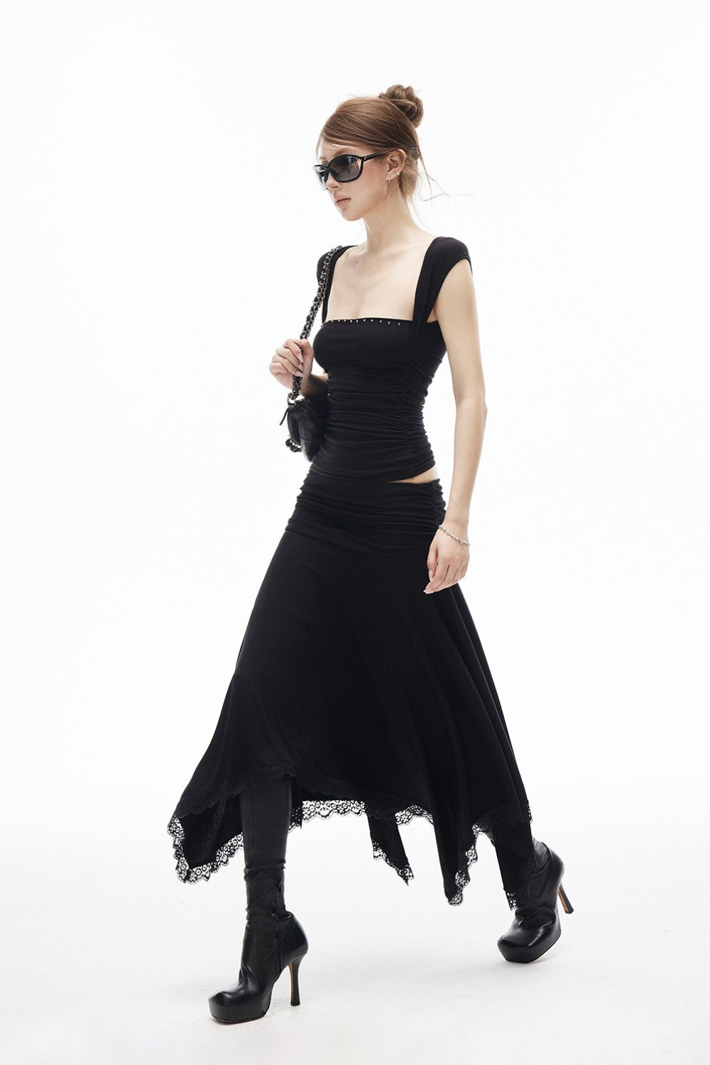 Elara Ruched Lace Trim Skirt