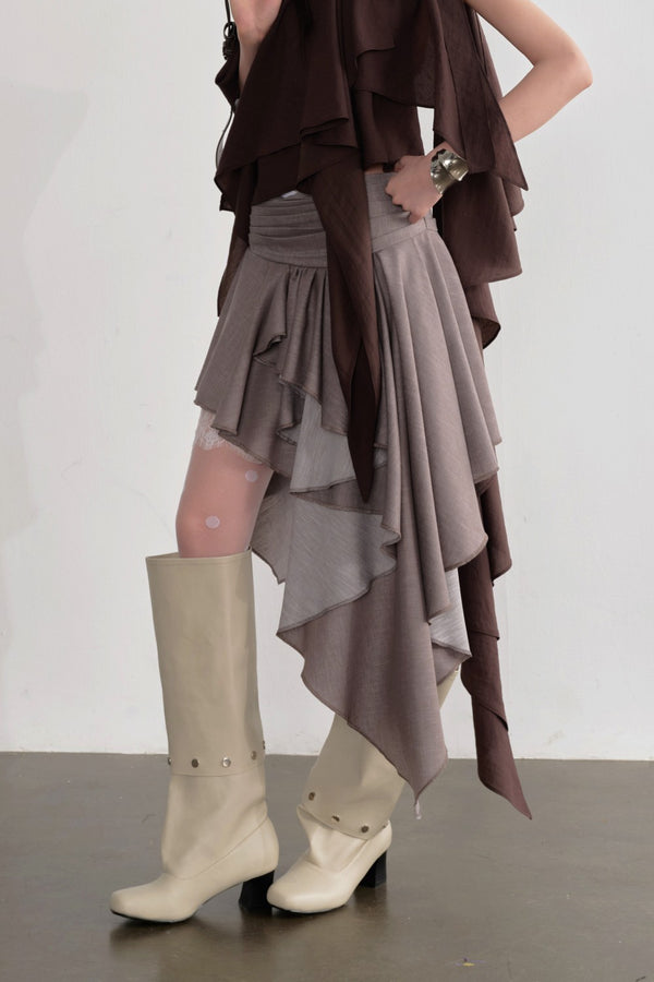 Taupe Asymmetric Cascade Skirt