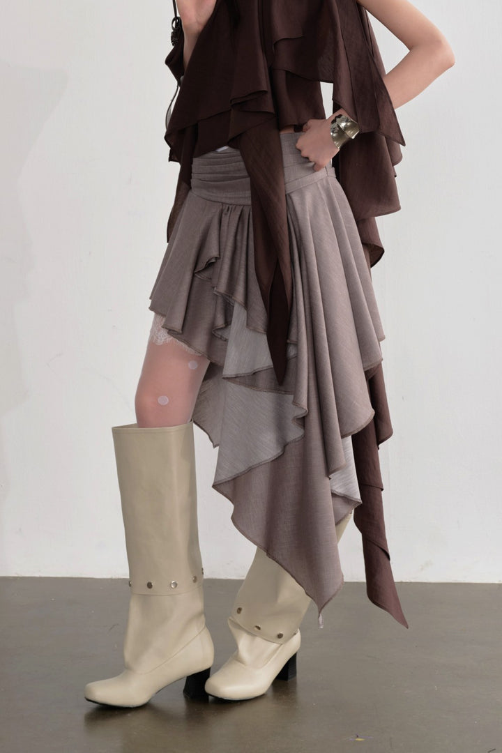 Taupe Asymmetric Cascade Skirt