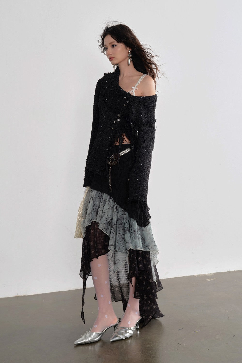 Asymmetric Fringed Tweed Cardigan