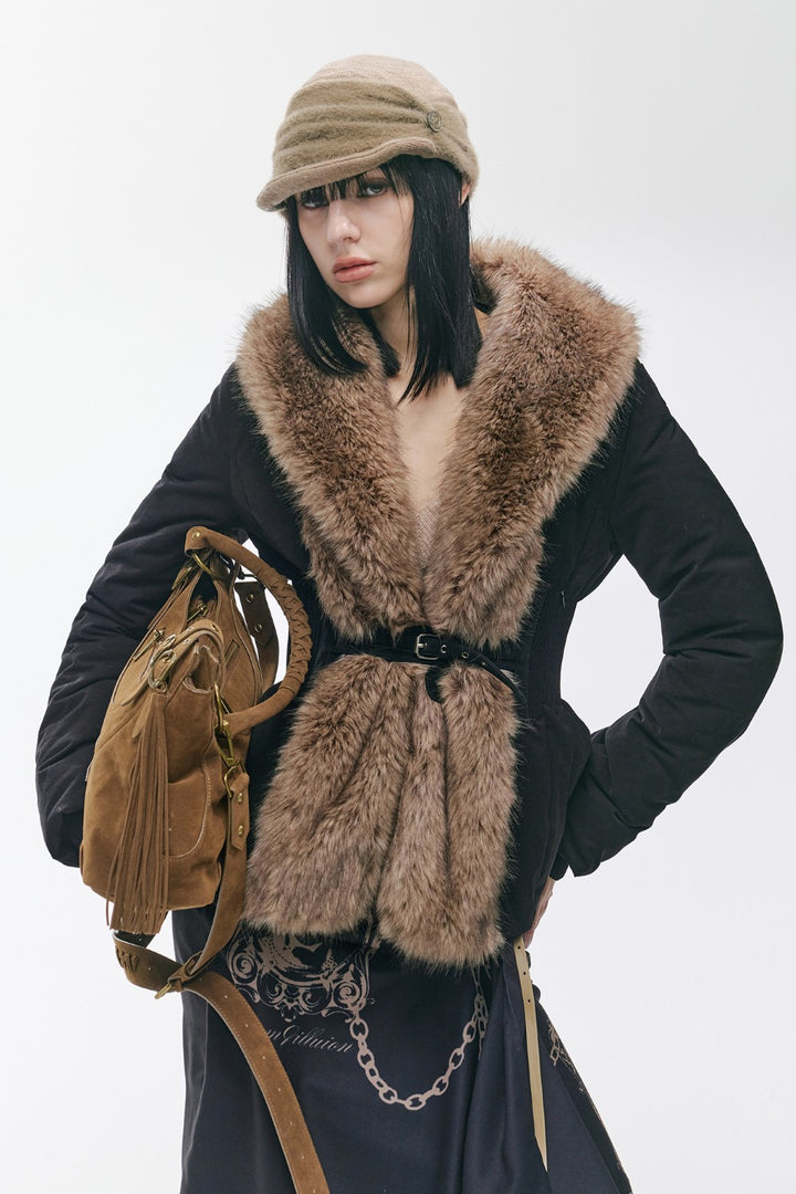 Vintage Black Fur-Cinch Coat