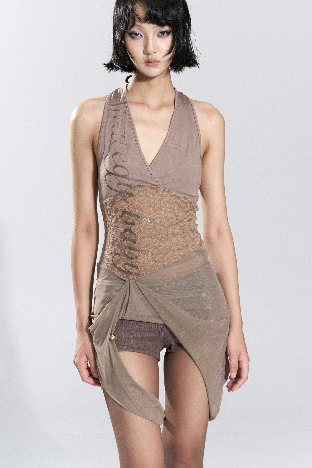 Silver Script Mesh Halter Top