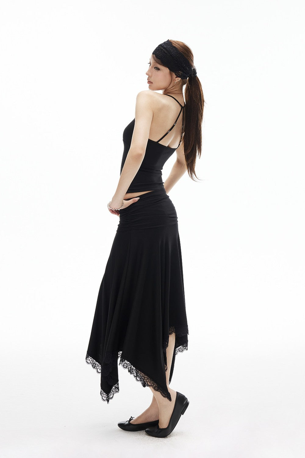 Elara Ruched Lace Trim Skirt