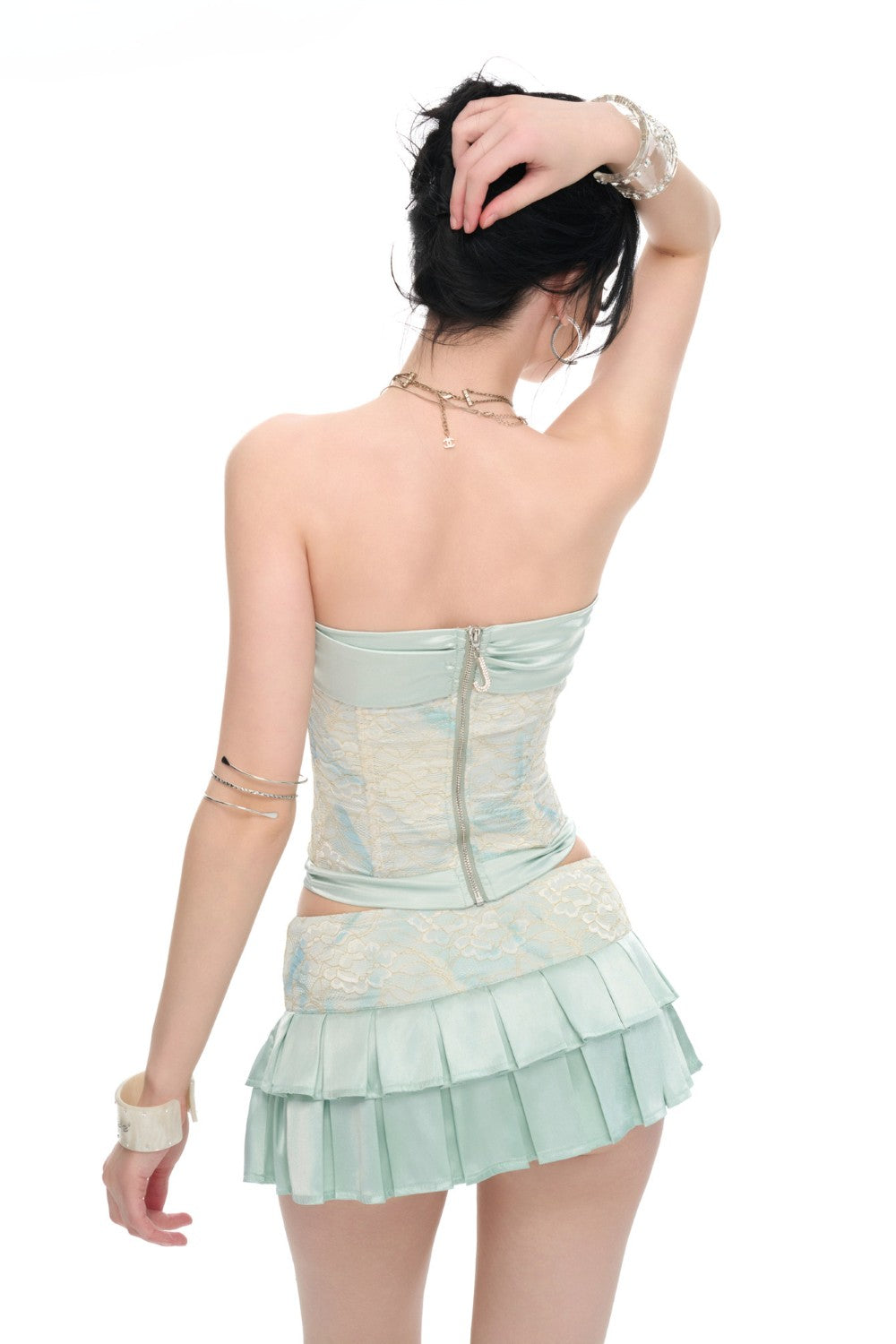Mint Lace Pleated Mini Skirt