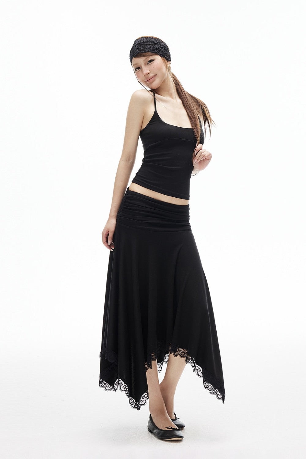 Elara Ruched Lace Trim Skirt
