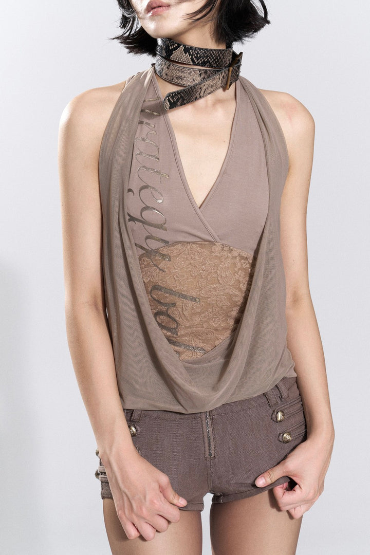 Silver Script Mesh Halter Top