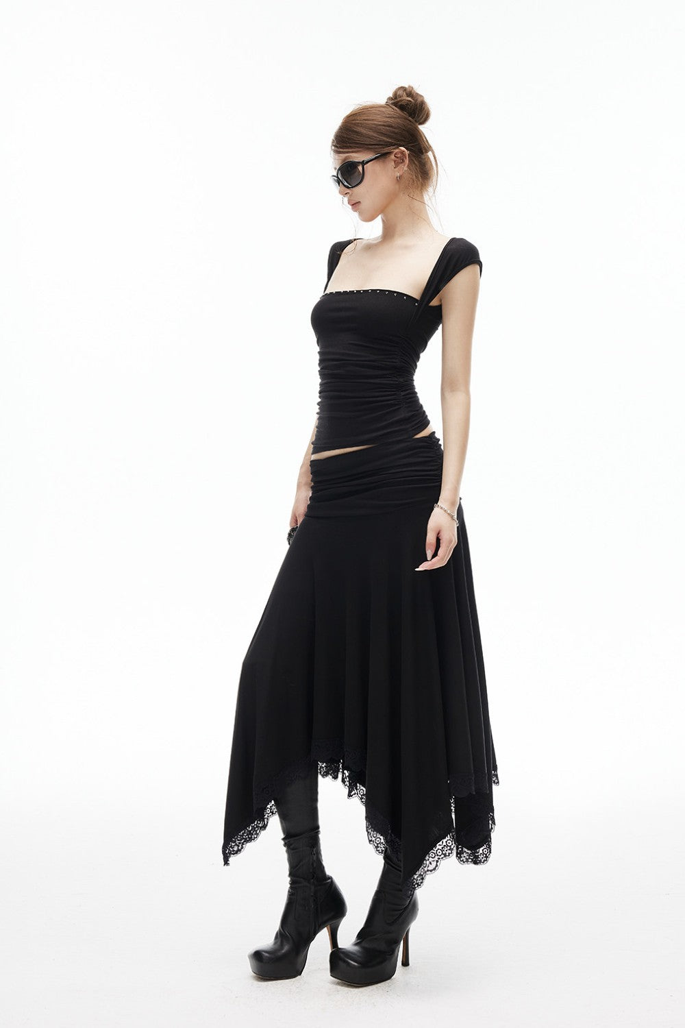 Elara Ruched Lace Trim Skirt