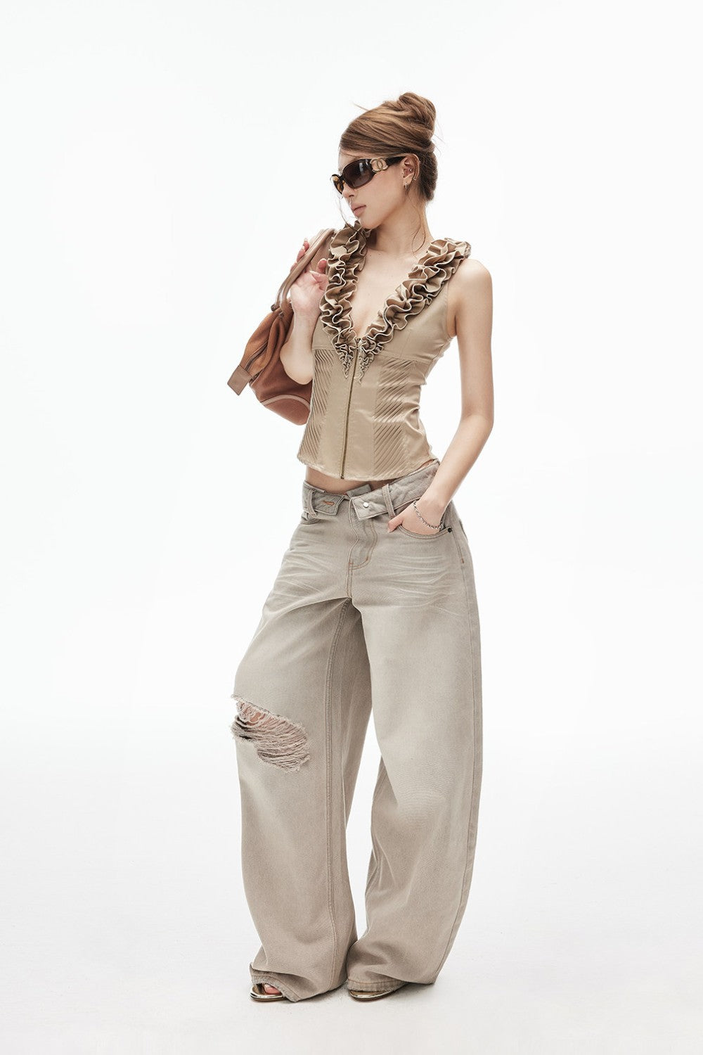 Elira Ruffle V-Neck Zip Top