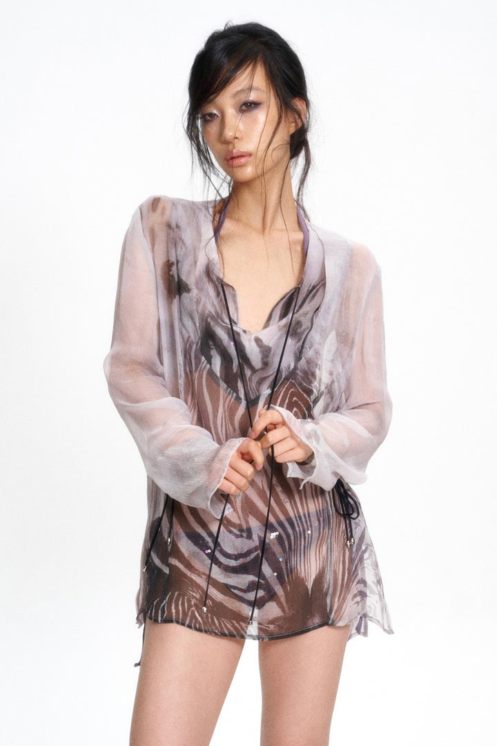 Zebra Sheer Tie-Front Blouse