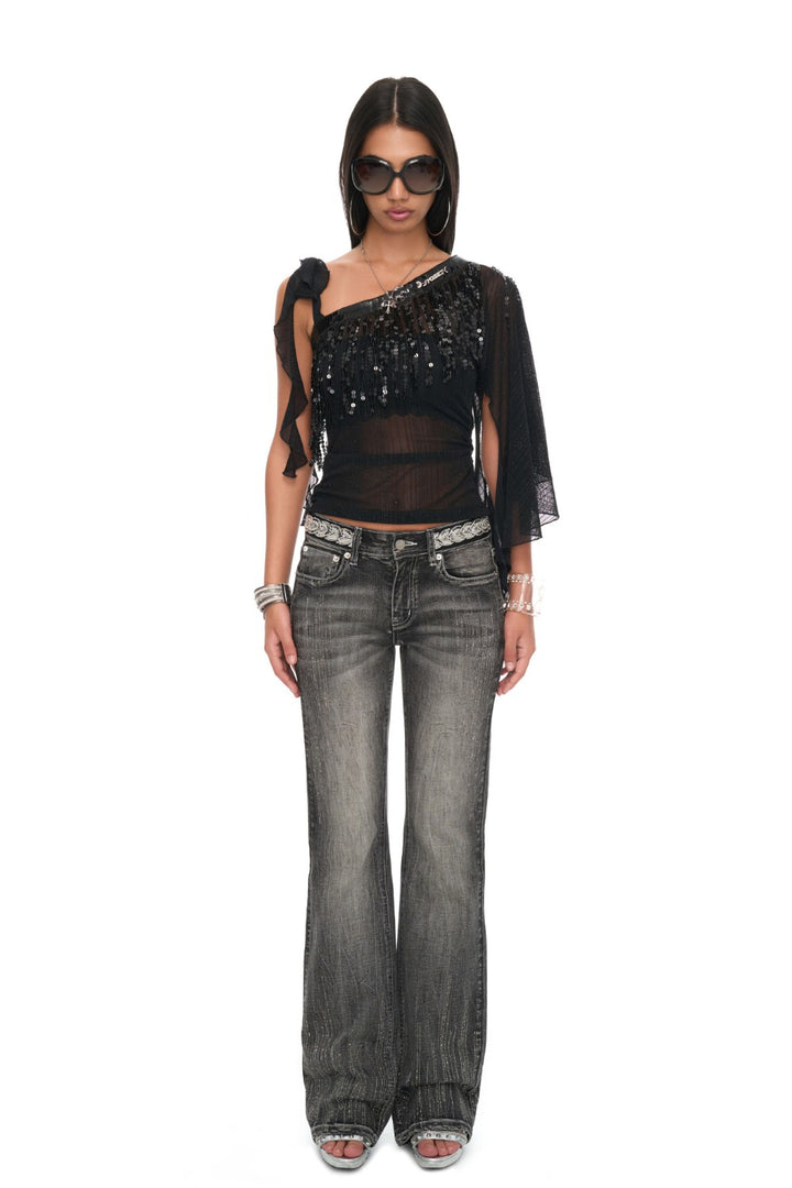 Off-Shoulder Sequin Mesh Top