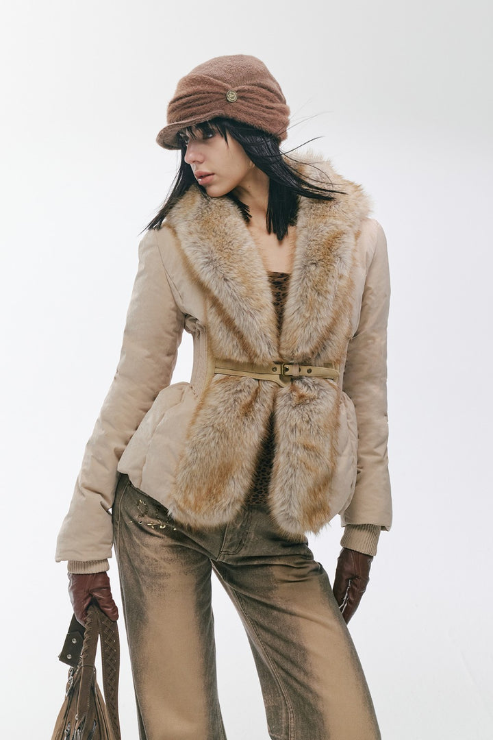 Vintage Khaki Fur-Cinch Coat