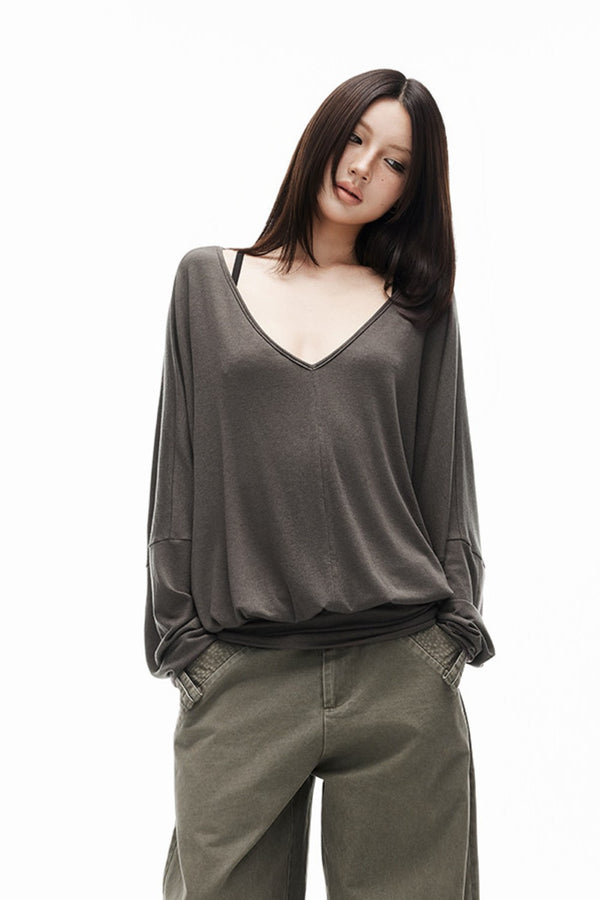 Ashen Oversized V-Neck Top