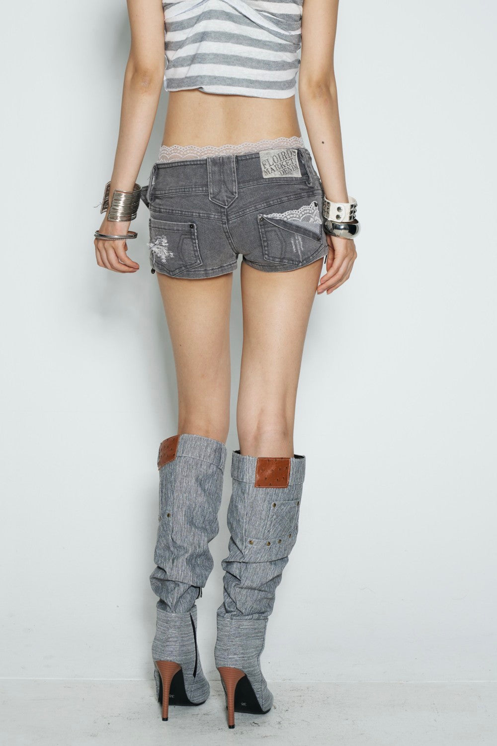 Gray Lace Trim Denim Shorts