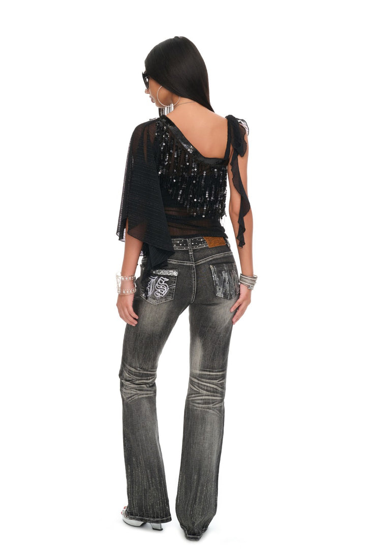 Off-Shoulder Sequin Mesh Top