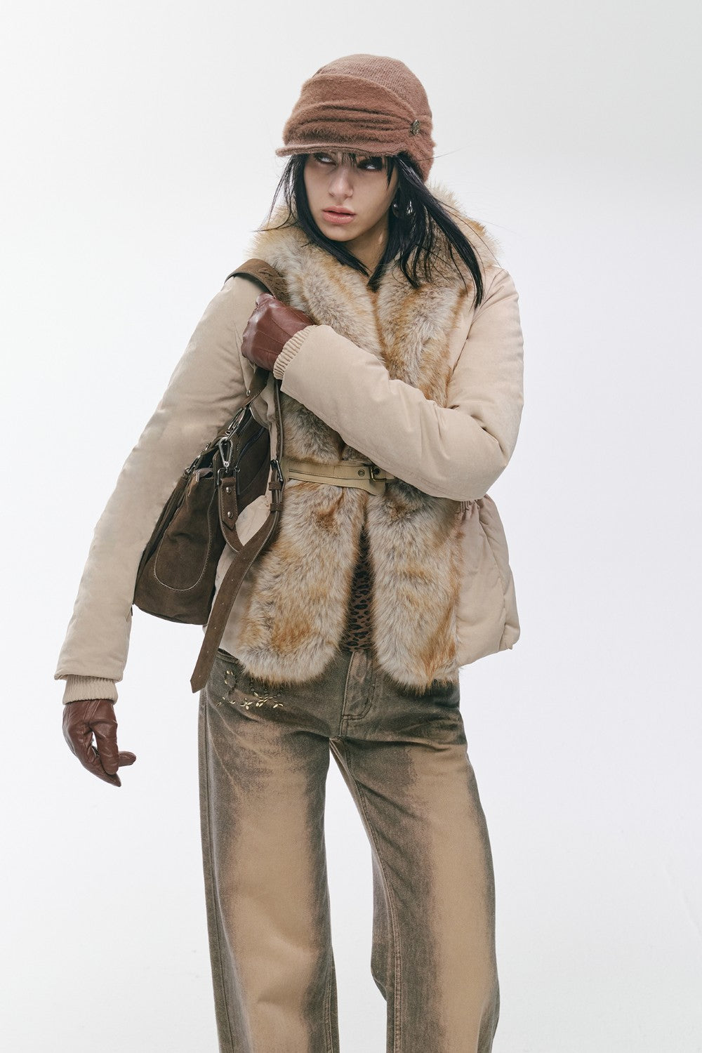 Vintage Khaki Fur-Cinch Coat