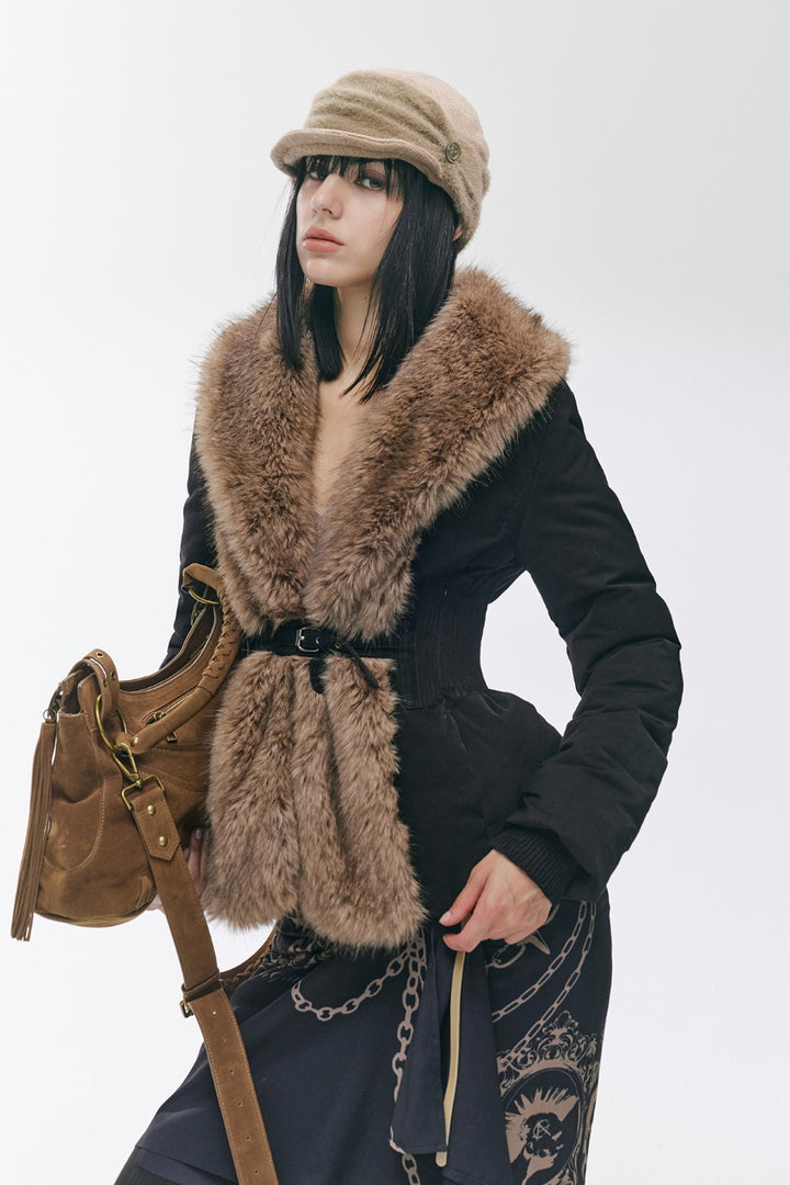 Vintage Black Fur-Cinch Coat