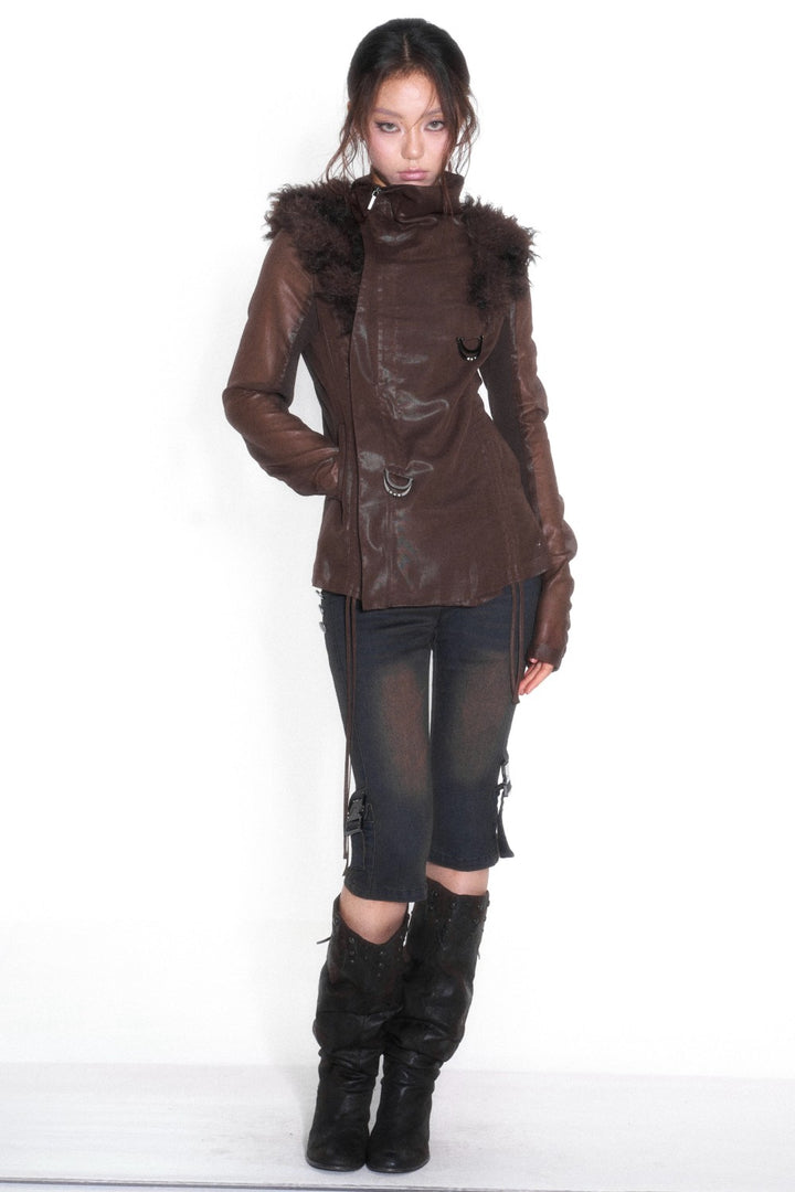 Draped Leather Collar Jacket