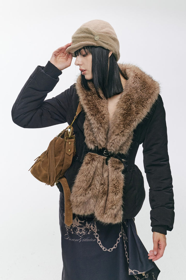 Vintage Black Fur-Cinch Coat