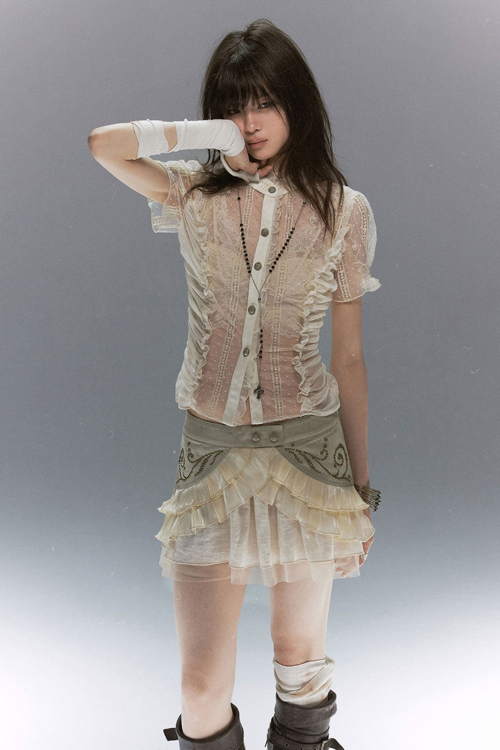 Lace-Up Tiered Studded Skirt