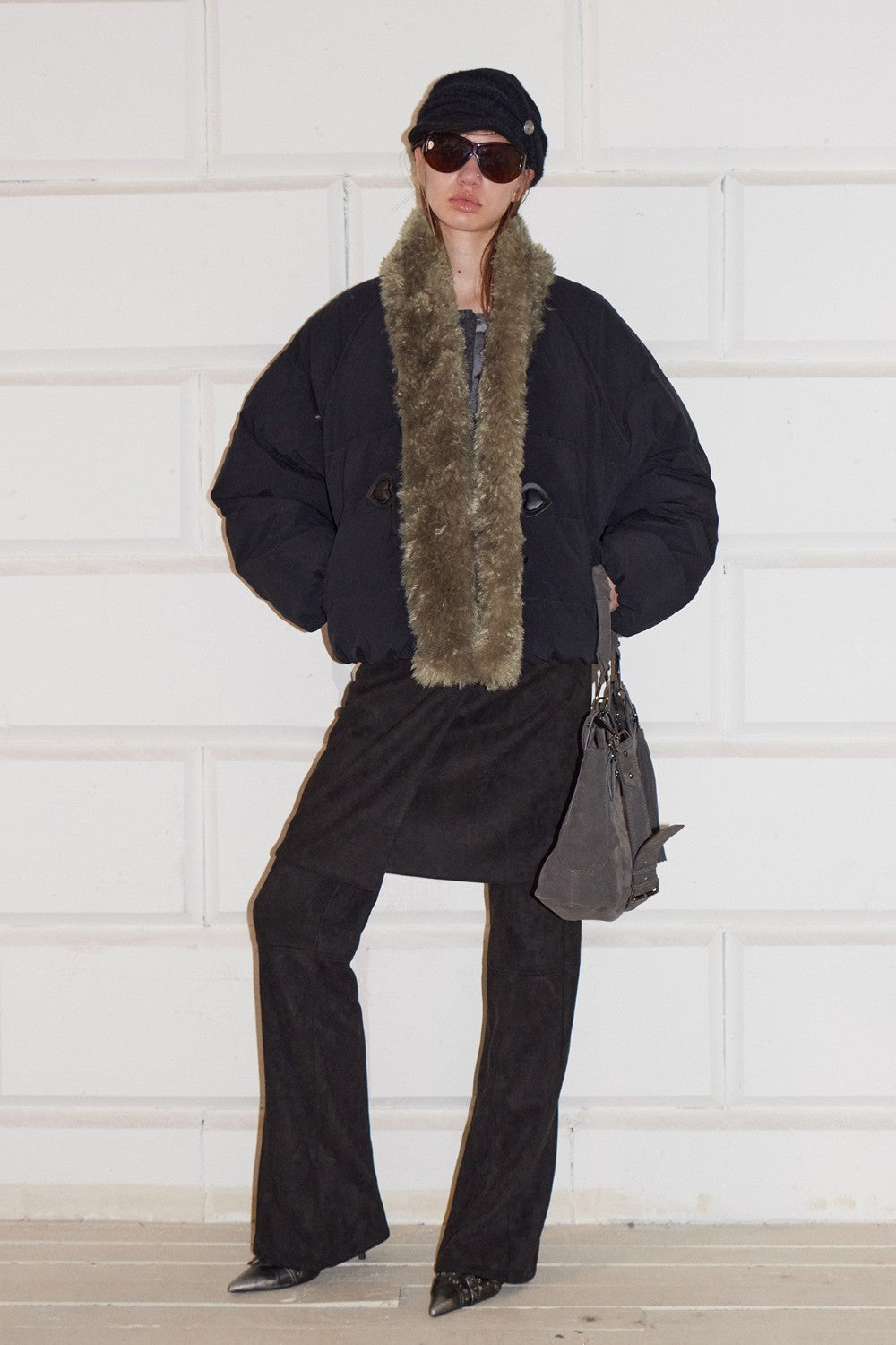 Fur-Trimmed Black Parka Coat